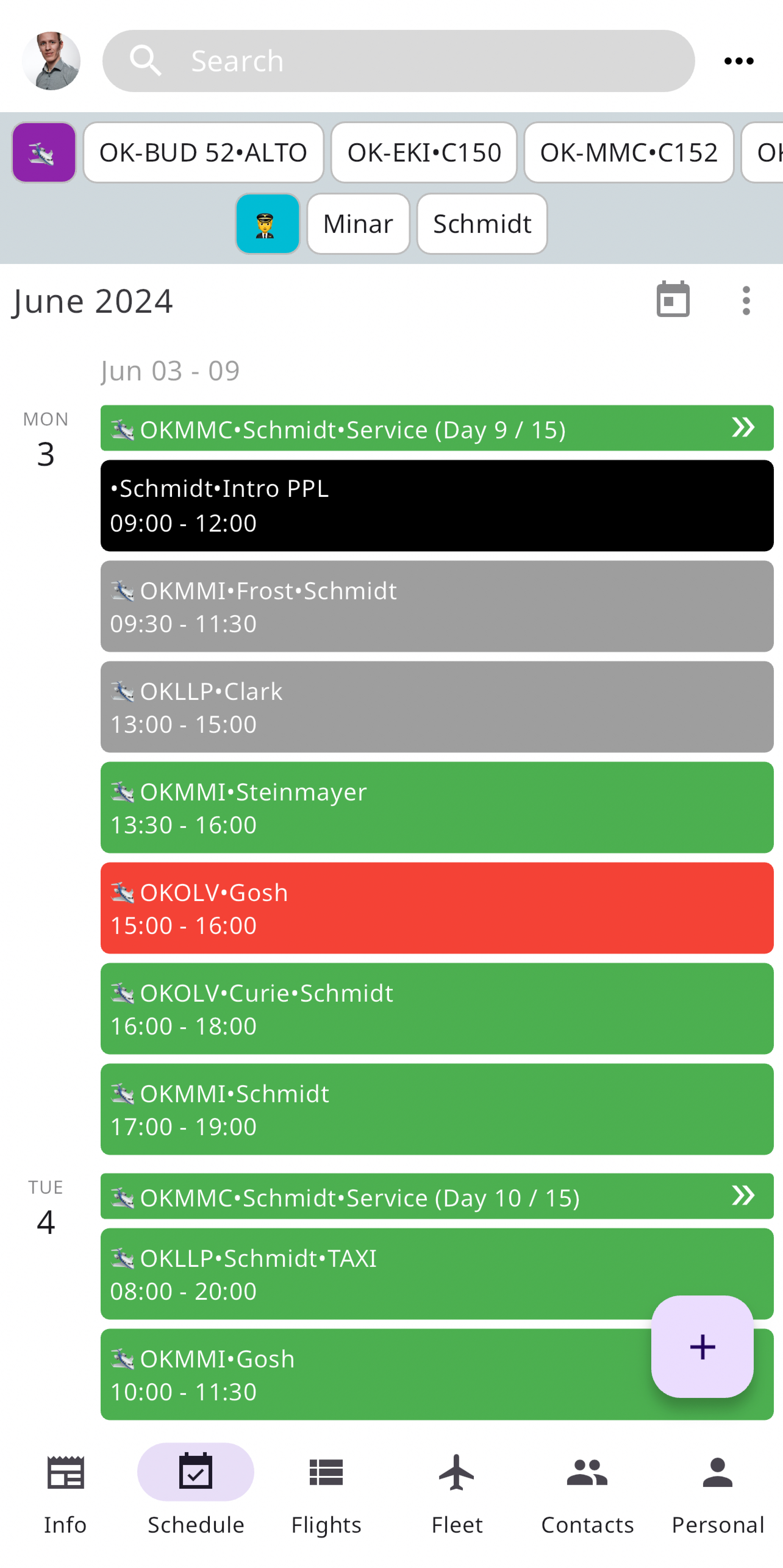 Reservation schedule in the mobile app