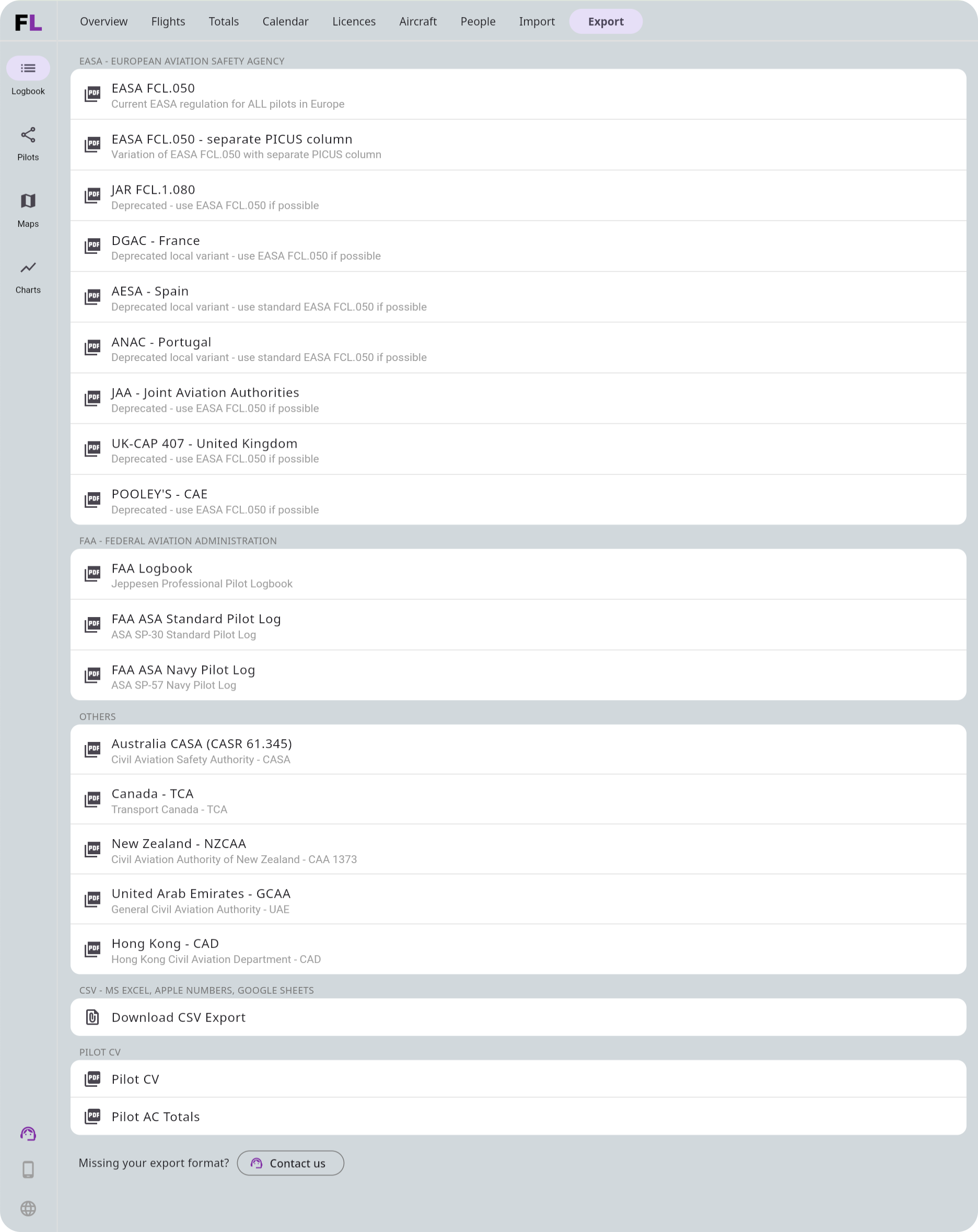 Digital pilot logbook export options