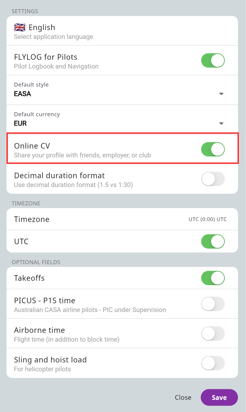 Online CV settings