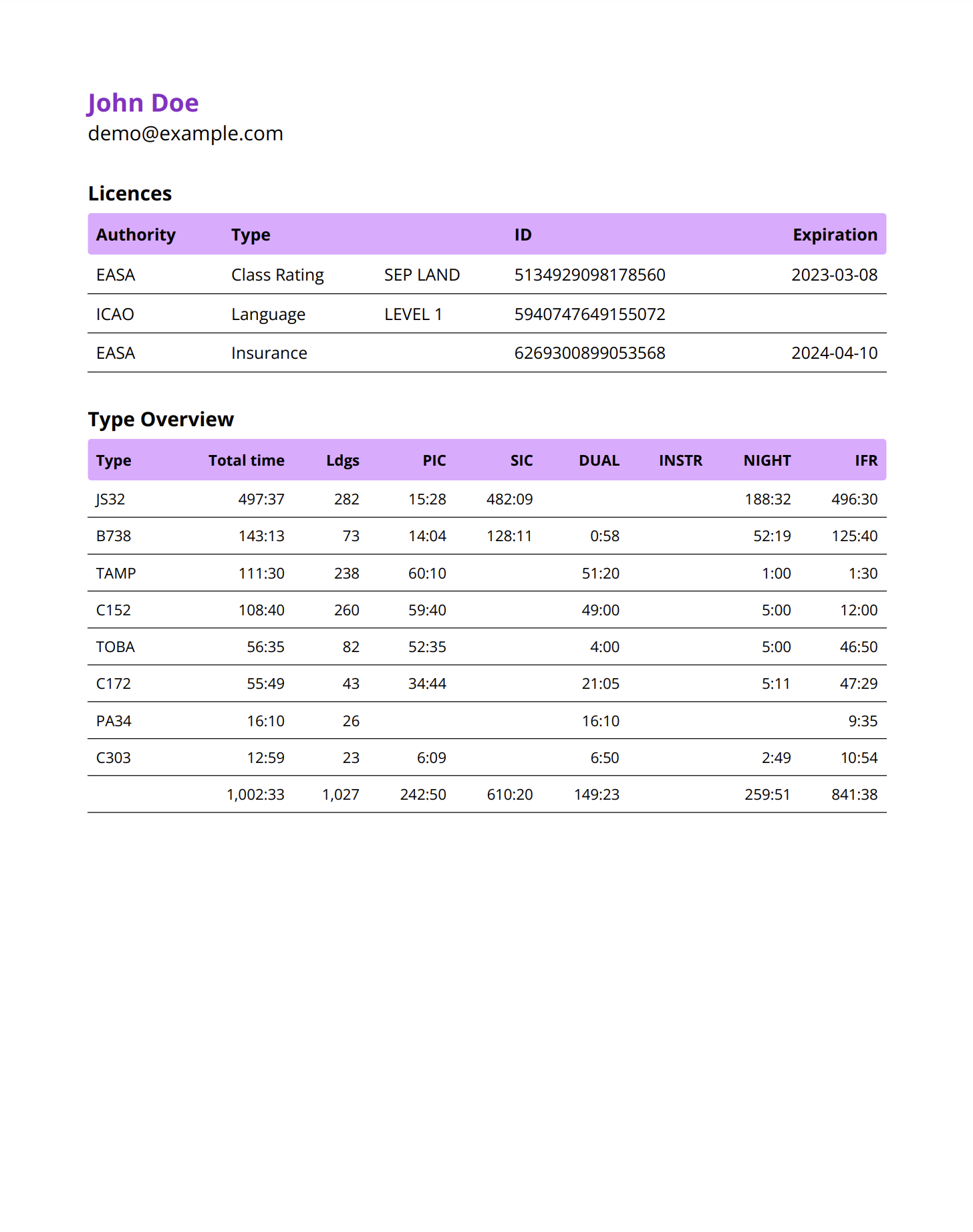 Pilot totals report