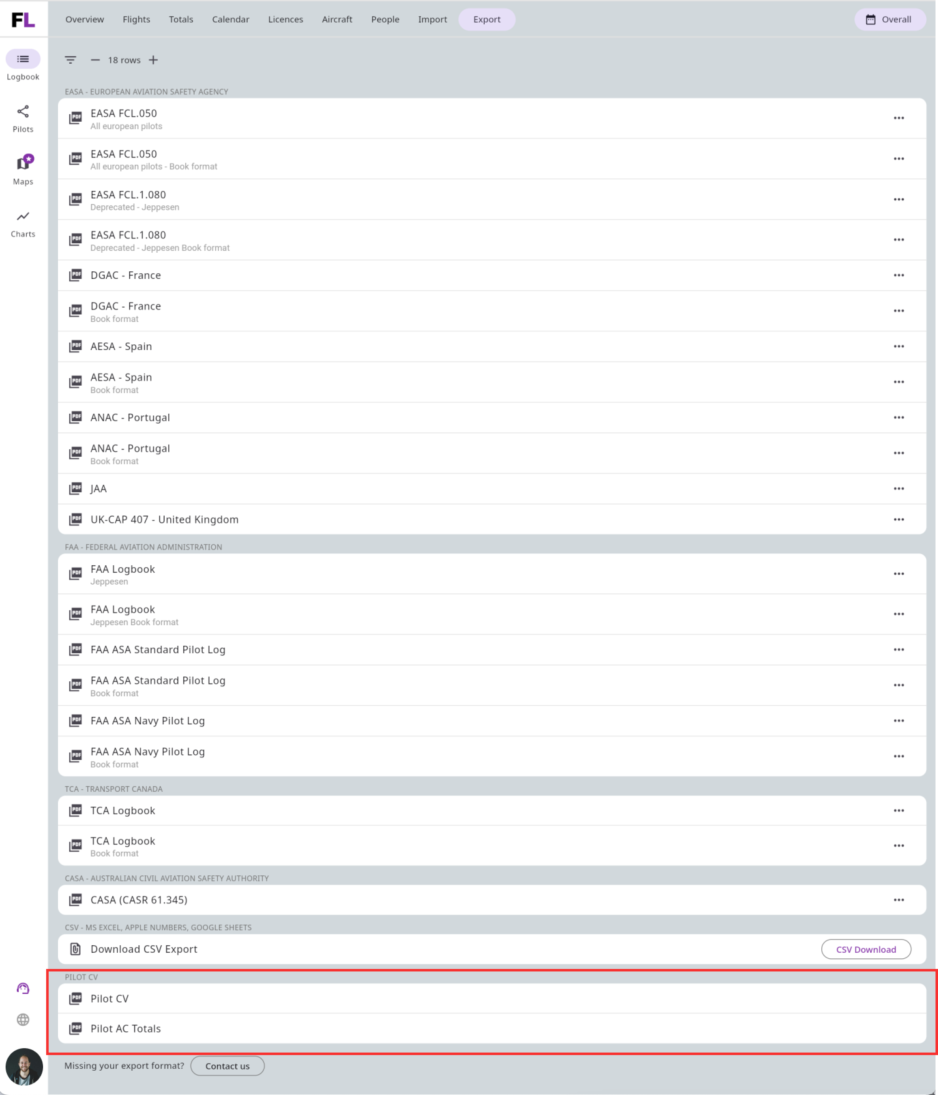 Pilot totals for download in the web app