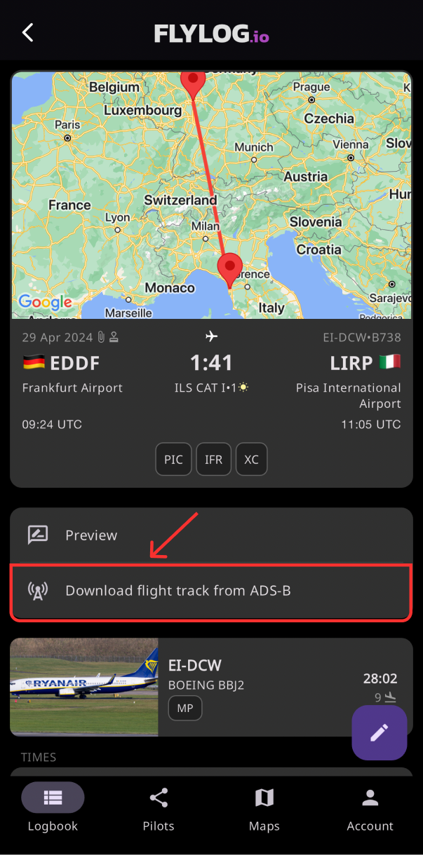 Flight recording in the mobile app