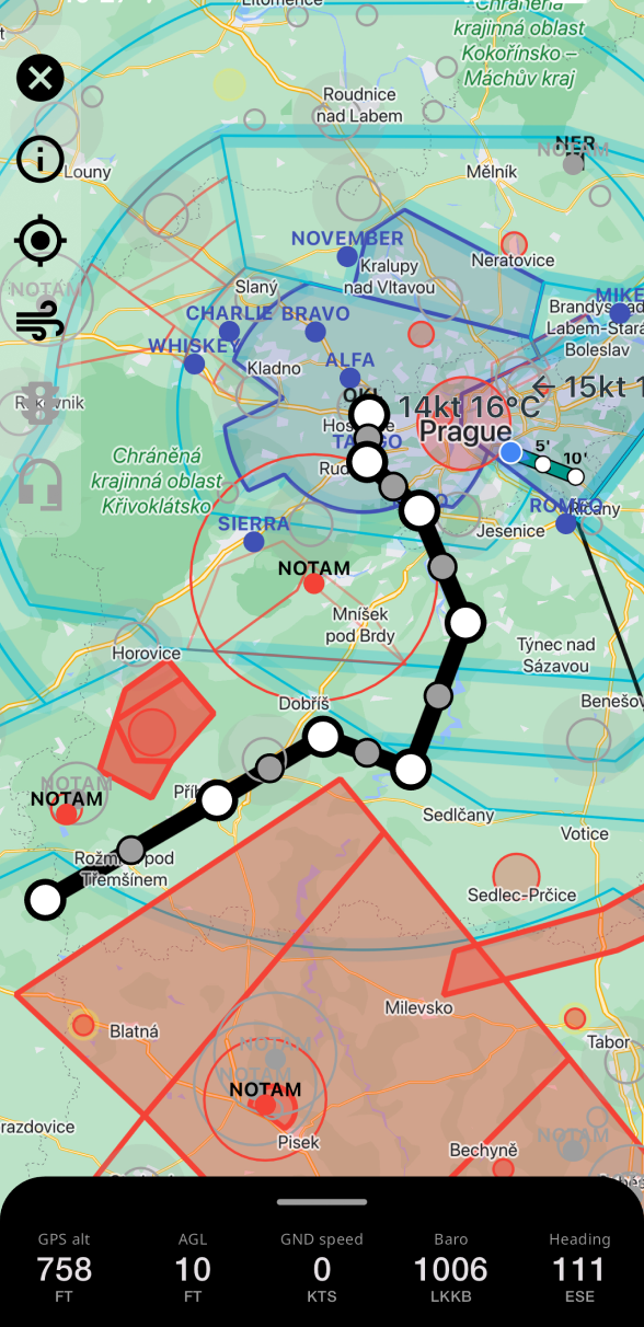 VFR route planning in the mobile app