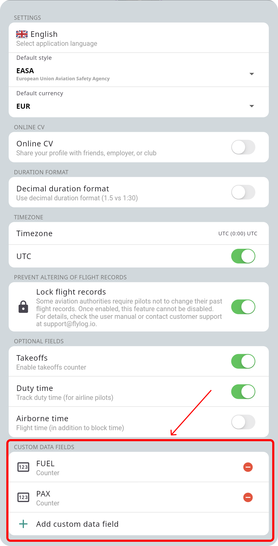 Create your own data fields in the settings